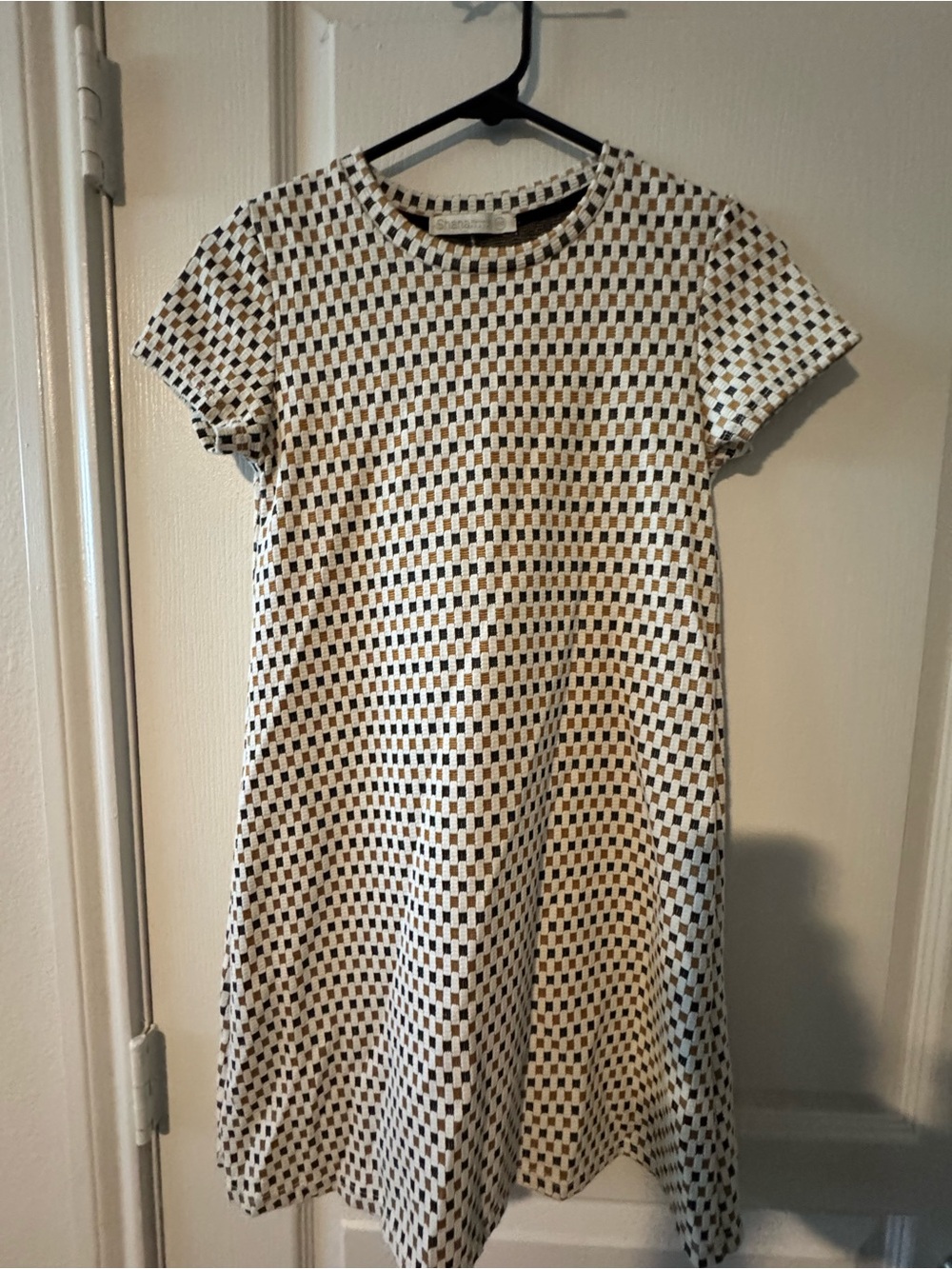 Cream and Black Checker A-Line Short Sleeve Mini Dress